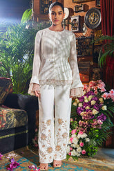 Ivory pleated shirt embroidered co ord set